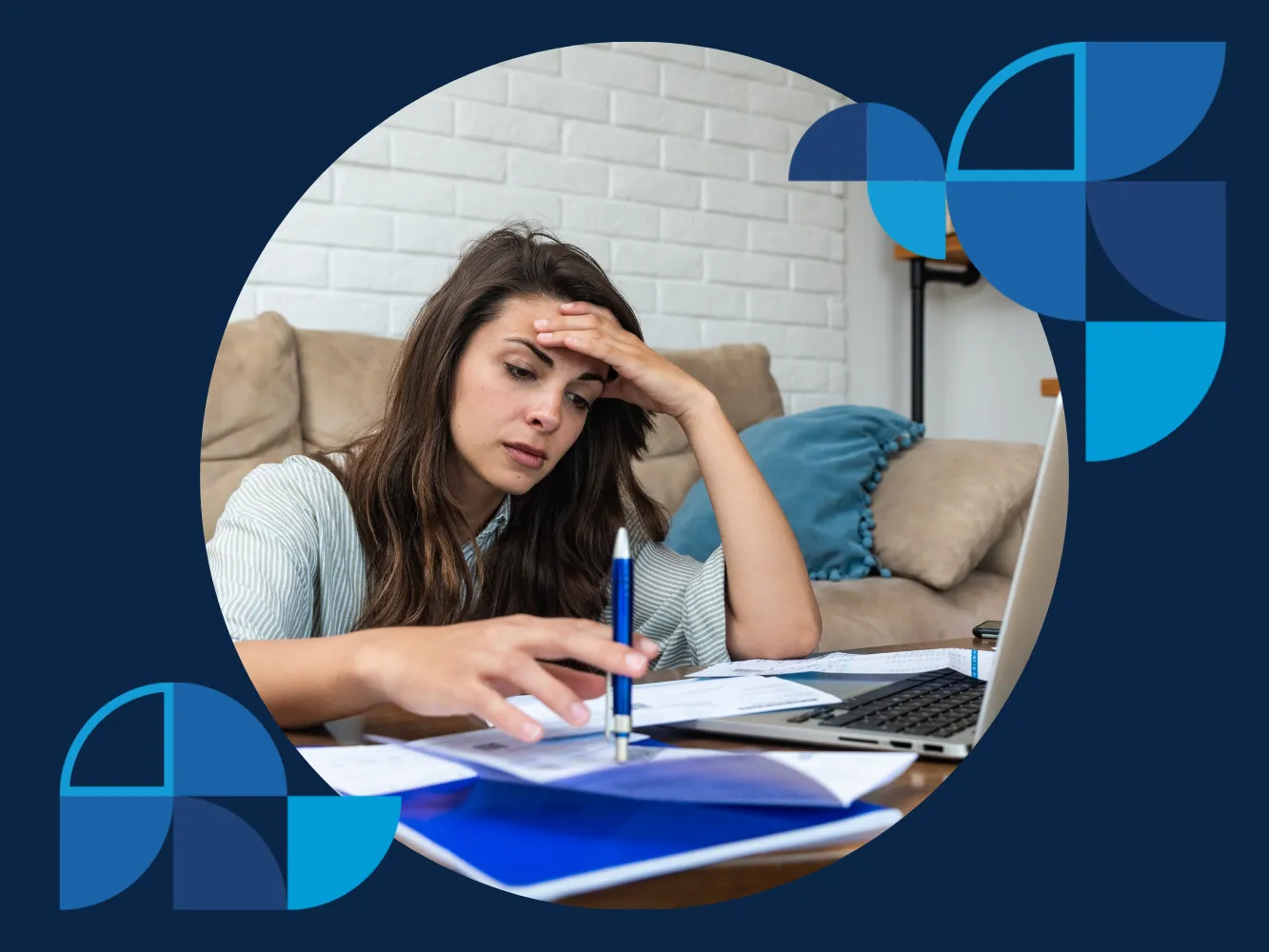 A lady sitting in front of a table with a laptop, documents, and papers, holding a pen in her right hand while resting the other on her forehead, contemplating how to deal with difficult tenants.