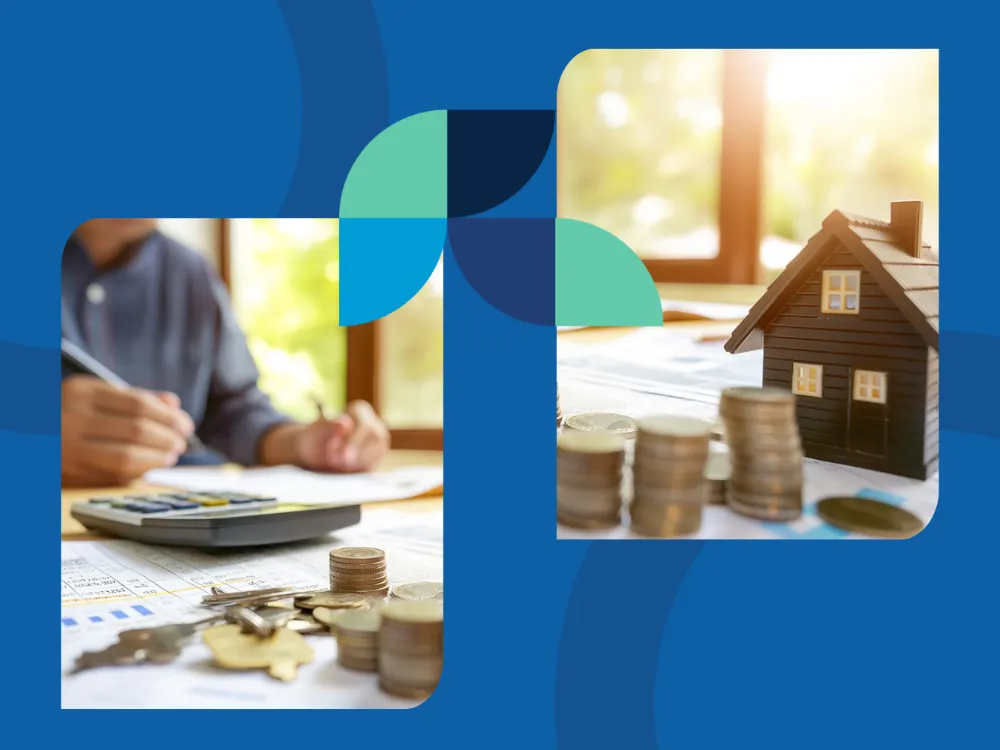 Man doing taxes with a pen, calculator, and coins on his desk, alongside a toy wooden house and stacks of coins - tax benefits of rental property