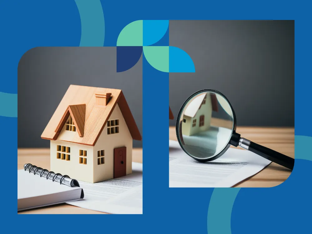 A magnifying glass examines a miniature house on a desk near a notebook, symbolizing the thoroughness of tenant screening, including credit and background checks.