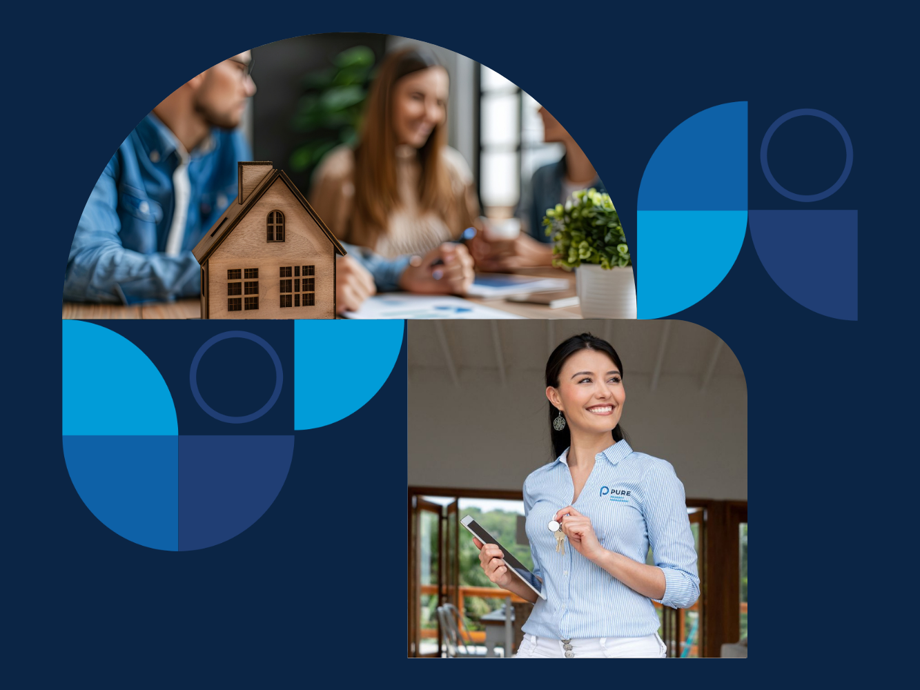 A group of individuals sitting at a table conversing with a wooden house on the table. A woman stands with a pair of keys in her hand.